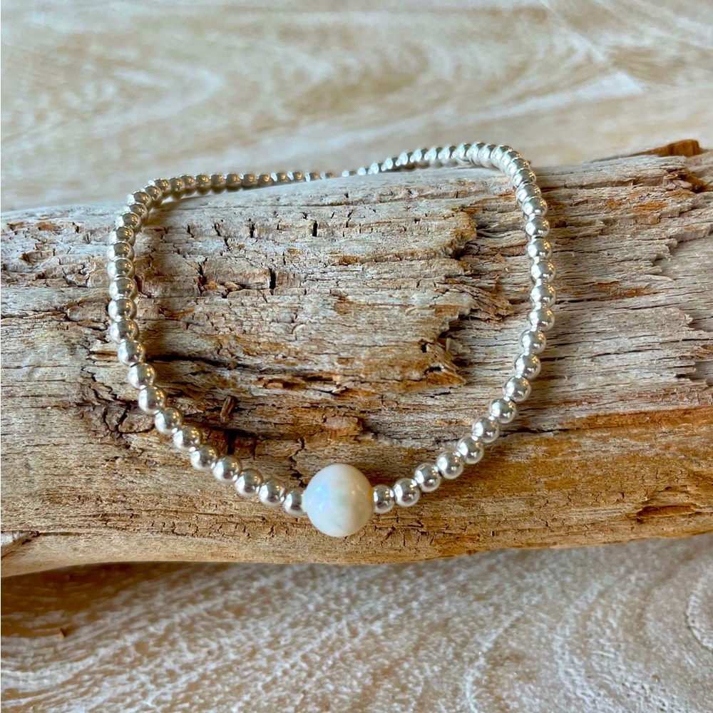 Pearl - handmade sterling, silver beads stretch bracelet + freshwater pearl